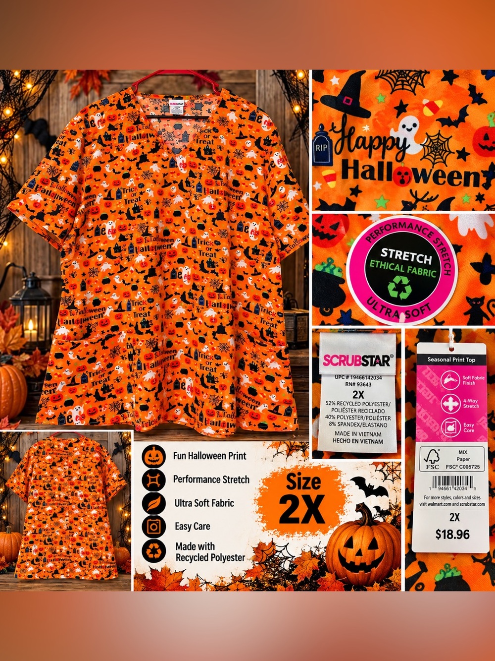 Halloween Scrub Top Plus Size 2X